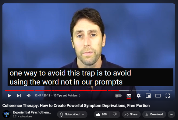 https://www.youtube.com/watch?v=Wlw7NaVV7sM
Coherence Therapy: How to Create Powerful Symptom Deprivations, Free Portion

5,931 views  11 Feb 2021
Purchase entire training here ($24): https://institute.experiential-psycho...

Find more trainings on experiential forms of psychotherapy here: www.experiential-psychotherapies.com

Coherence Therapy was developed by Bruce Ecker, LMFT and Laurel Hulley, MA.  The official website of Coherence Therapy is that of the Coherence Psychology Institute: www.coherencetherapy.com

Coherence Therapy is a unified set of methods and concepts for individual, couple and family work that enable a therapist to foster profound change with a high level of consistency.
 From the first session, the work is focused on guiding clients to get in touch with hidden, core areas of meaning and feeling that are generating the presenting symptom or problem. Coherence Therapy makes use of native capacities for swiftly retrieving and then transforming the client's unconscious, symptom-requiring emotional schemas, which were formed adaptively earlier in life.
A wide range of symptoms can be dispelled … along with their associated, less visible emotional wounds, attachment patterns and troubled “parts". The process is experiential and the therapist's empathic attunement is a crucial ingredient.