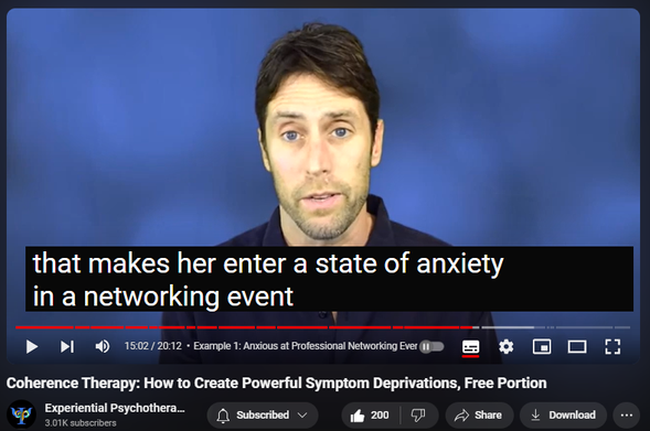 https://www.youtube.com/watch?v=Wlw7NaVV7sM
Coherence Therapy: How to Create Powerful Symptom Deprivations, Free Portion

5,931 views  11 Feb 2021
Purchase entire training here ($24): https://institute.experiential-psycho...

Find more trainings on experiential forms of psychotherapy here: www.experiential-psychotherapies.com

Coherence Therapy was developed by Bruce Ecker, LMFT and Laurel Hulley, MA.  The official website of Coherence Therapy is that of the Coherence Psychology Institute: www.coherencetherapy.com

Coherence Therapy is a unified set of methods and concepts for individual, couple and family work that enable a therapist to foster profound change with a high level of consistency.
 From the first session, the work is focused on guiding clients to get in touch with hidden, core areas of meaning and feeling that are generating the presenting symptom or problem. Coherence Therapy makes use of native capacities for swiftly retrieving and then transforming the client's unconscious, symptom-requiring emotional schemas, which were formed adaptively earlier in life.
A wide range of symptoms can be dispelled … along with their associated, less visible emotional wounds, attachment patterns and troubled “parts". The process is experiential and the therapist's empathic attunement is a crucial ingredient.