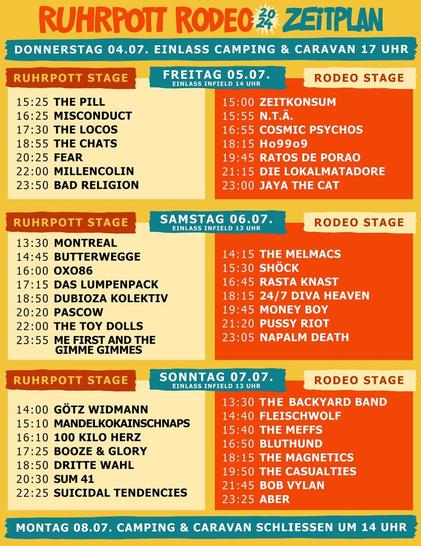 Plakat, vom Musikfestival Ruhrpott Rodeo, des Zeitplans der spielenden Bands. Für die Tage Freitag den 05.07, Samstag den 06.07 und Sonntag den 07.07.2024