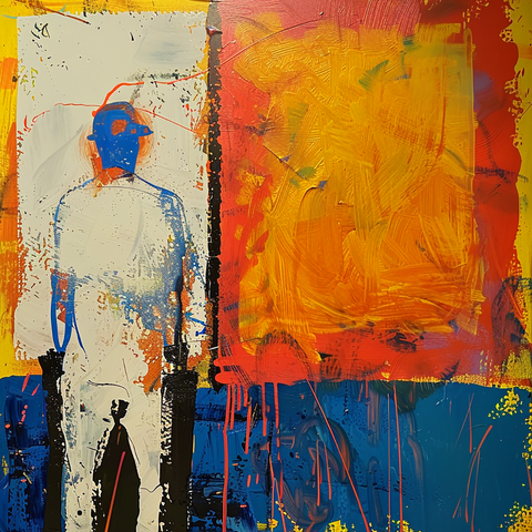 This abstract painting features a figure of a baseball player, rendered in a minimalist style with a bold blue head and partially white, textured body. The player is positioned against a vibrant background divided into two distinct sections: a predominantly yellow and orange area with dynamic brushstrokes on the right, and a cooler blue section with splashes of color and drips on the left. The interplay between the warm and cool colors creates a striking contrast, while the figure appears to be standing between these two worlds. The overall composition is energetic and thought-provoking, highlighting the tension and balance between opposing forces.