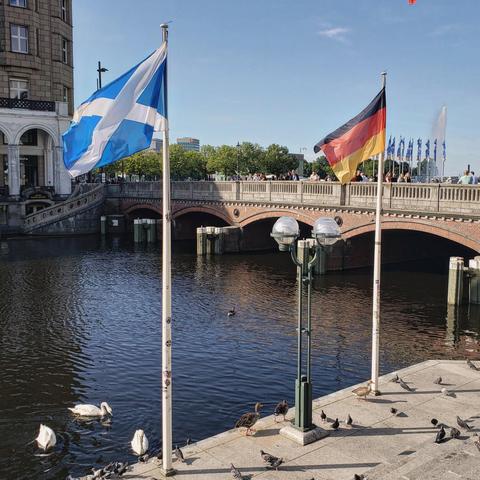 A Scotland flag next to a German flag, on poles, with some ducks and pigeons on the Riverside