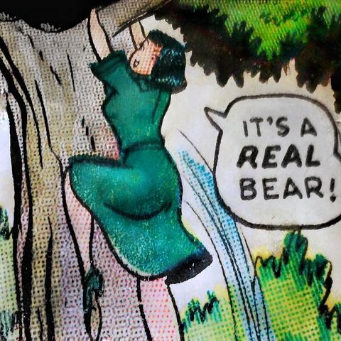 An edited and enhanced excerpt from a  vintage comic book panel. 

A panicked woman wearing a green dress and heels in a forest leaps up a tree and clings to a branch, exclaiming "It's a REAL bear!"