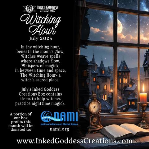On the right side of the image, a candle burns brightly on a wide windowsill next to a small pendulum clock and an open book. Through the window, several other windows glow orange in a fantasy town with tall buildings. The town stretches far into the distance, with small mountains beyond. The sky is light but full of stars, and a full moon glows with one edge barely hidden by clouds. The text on the left side of the image describes our exclusive July 2024 "Witching Hour" Inked Goddess Creations Box product.