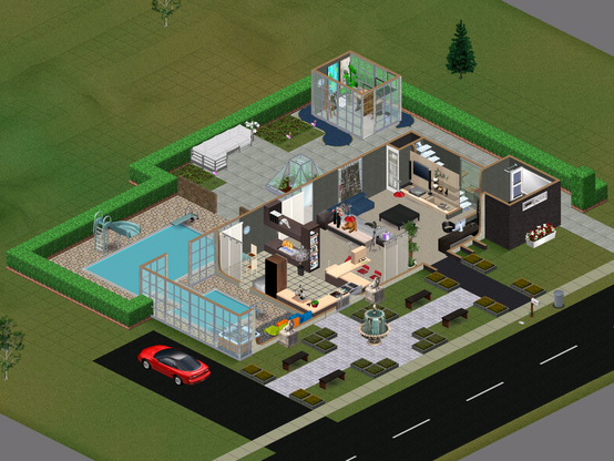 House, showing hobby shed, semi-covered swimming pool and parking spot with red Chevy Camaro