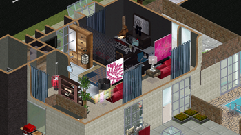 House, showing another view of the second story with bedrooms and art works.