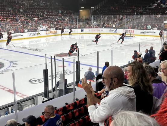 The Coachella Valley Firebirds warm up for game 4 against the Hershey Bears in the Calder Cup Finals