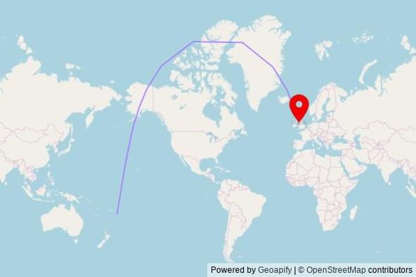 A map showing the great circle route from 'Utulau in Tonga to a map pin at Saint George's Walk, Douglas, Isle of Man