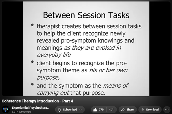 https://www.youtube.com/watch?v=_KpwvTWv3rY
Coherence Therapy Introduction - Part 4

13,472 views  30 Apr 2014
Entire training: https://tinyurl.com/y3h75sq2
Subscribe for updates on learning materials and tutorials: https://tinyurl.com/y5sxud66

Niall Geoghegan collaborated closely with Bruce Ecker on developing the Coherence Therapy Training Program of the Coherence Psychology Institute (CPI) from 2005-2007, and was a Certified Trainer for the Institute through 2015.  Since then he has been building a new platform of web-based tutorials in experiential psychotherapy methodologies and techniques: https://www.experiential-psychotherap...

For a wide range of Coherence Therapy resources, visit the official website of its founders: http://www.coherencetherapy.org
 
Texts by Coherence Therapy's creators:
• Coherence Therapy Practice Manual and Training Guide
• Unlocking the Emotional Brain: Eliminating Symptoms at Their Roots Using Memory Reconsolidation
• Depth Oriented Brief Therapy: How to Be Brief When You Were Trained to Be Deep and Vice Versa