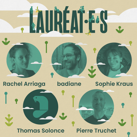 Portrait de 4 des 5 lauréats et lauréates entourés de nuages et de plantes, tandis que le dernier lauréat est illustré par un castor