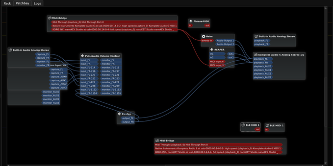 PipeWire graph with all possible system audio devices and the programs that connect to them, rendered by Carla.