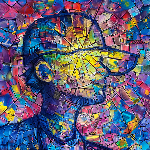 This vibrant mosaic-style painting depicts a baseball player, composed of colorful, fragmented pieces that form a cohesive and dynamic image. The player, wearing a cap, is outlined with intricate patterns and a rich palette of purples, blues, yellows, and pinks. The fragmented style creates a stained glass effect, with each piece adding texture and depth. The central focus is on the player's face and cap, which are illuminated with a bright, almost radiant glow, suggesting a moment of intense focus and determination. The interplay of colors and shapes evokes the energy and excitement of the game, making the piece visually captivating and dynamic.