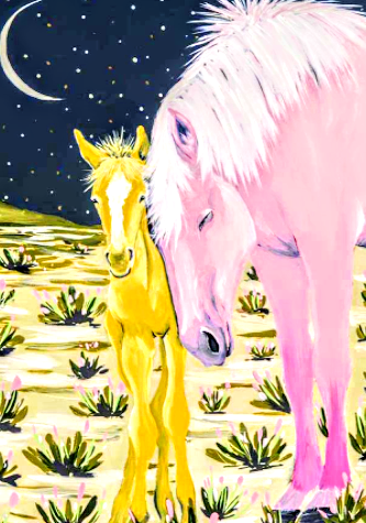 Painting of beautiful mother horse and her colt