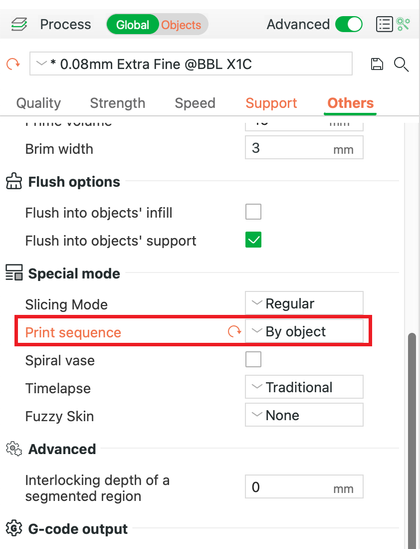 A screenshot of Bambu Studio 3D printing configs. The config "Print sequence" is highlighted and the config value is "By object".
