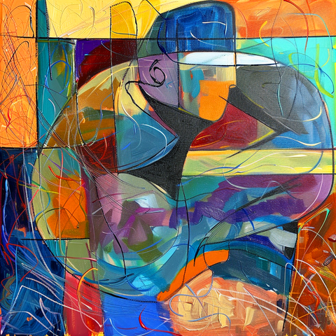This abstract painting features a baseball player depicted through a series of vibrant, overlapping geometric shapes and bold lines. The composition includes a rich palette of oranges, blues, greens, and purples, creating a dynamic and colorful scene. The player's form is suggested through sweeping curves and intersecting lines, capturing the motion and energy of the sport. The textured layers and spontaneous brushstrokes add depth and complexity, while the interplay of colors and shapes evokes a sense of excitement and fluidity, reflecting the intense action and spirit of the game.