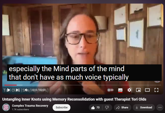 https://www.youtube.com/watch?v=E3M54ScaVLE
Untangling Inner Knots using Memory Reconsolidation with guest Therapist Tori Olds


2,074 views  10 Oct 2023  Complex Trauma Recovery Podcast
Tori Olds is a psychotherapist who specializes in experiential therapeutic modalities. She is an educator who provides training to other therapists in experiential models of healing including coherence therapy, IFS and AEDP. 

Below are her website and YouTube channel
https://toriolds.com
   / @drtoriolds  

You can access Kina’s workshops, practice website and Patreon here
https://linktr.ee/cptsdtherapist