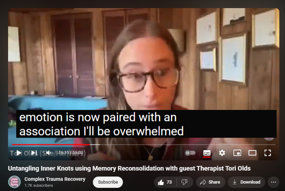 https://www.youtube.com/watch?v=E3M54ScaVLE
Untangling Inner Knots using Memory Reconsolidation with guest Therapist Tori Olds

2,074 views  10 Oct 2023  Complex Trauma Recovery Podcast
Tori Olds is a psychotherapist who specializes in experiential therapeutic modalities. She is an educator who provides training to other therapists in experiential models of healing including coherence therapy, IFS and AEDP. 

Below are her website and YouTube channel
https://toriolds.com
   / @drtoriolds  

You can access Kina’s workshops, practice website and Patreon here
https://linktr.ee/cptsdtherapist