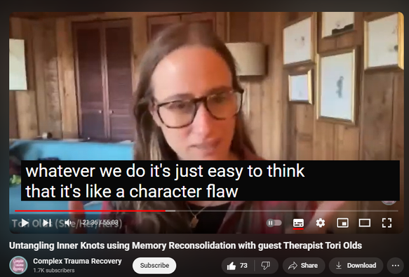 https://www.youtube.com/watch?v=E3M54ScaVLE
Untangling Inner Knots using Memory Reconsolidation with guest Therapist Tori Olds

2,074 views  10 Oct 2023  Complex Trauma Recovery Podcast
Tori Olds is a psychotherapist who specializes in experiential therapeutic modalities. She is an educator who provides training to other therapists in experiential models of healing including coherence therapy, IFS and AEDP. 

Below are her website and YouTube channel
https://toriolds.com
   / @drtoriolds