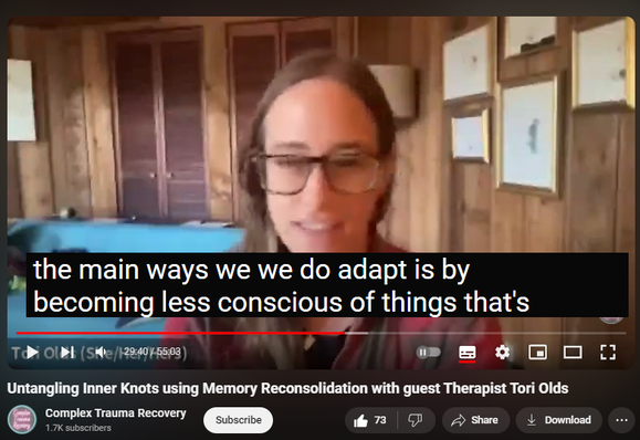 https://www.youtube.com/watch?v=E3M54ScaVLE
Untangling Inner Knots using Memory Reconsolidation with guest Therapist Tori Olds

2,074 views  10 Oct 2023  Complex Trauma Recovery Podcast
Tori Olds is a psychotherapist who specializes in experiential therapeutic modalities. She is an educator who provides training to other therapists in experiential models of healing including coherence therapy, IFS and AEDP. 

Below are her website and YouTube channel
https://toriolds.com
   / @drtoriolds