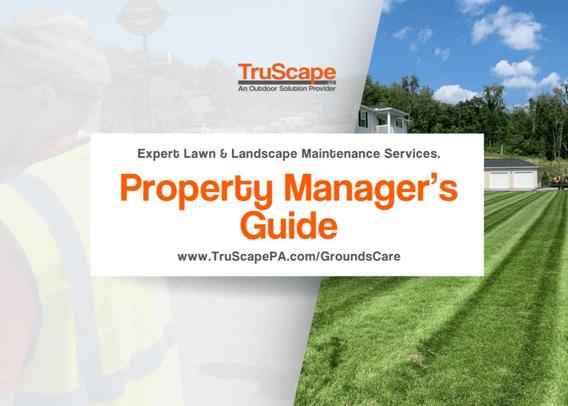 TruScape Property Manager's Guide promotional image featuring expert lawn and landscape maintenance services. The image includes a TruScape logo, a worker in a safety vest, a well-maintained lawn, and a link to www.TruScapePA.com/GroundsCare.