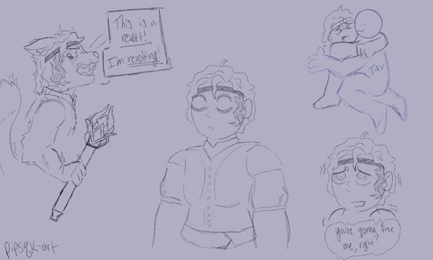 Image ID: A sketch page of Hope from Baldur's Gate 3. The center sketch is from the waist up as she's talking to the player as a projection. The top left is a side profile of Hope depicted as an anthro cat. She has her ears pulled back, her fur is standing on end, and is angrily saying, "This is a revolt! I'm revolting!". The bottom right is a headshot of her looking scared and nervous and saying, "You're gonna free me, right?". And in the top right is a chibi style Hope hugging a YCH style Tav. End ID.