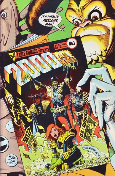The front cover of 2000AD Monthly, Vol 2, No 1 from April 1986, featuring cover art by Brian Bolland of D.R. reading the same comic, but with an alternate cover not showing D.R. reading the comic.