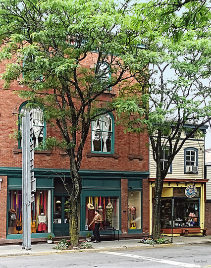 The quaint small-town atmosphere of Rhinebeck, NY can be seen in this scene of a woman browsing the shop windows on a beautiful summer day.