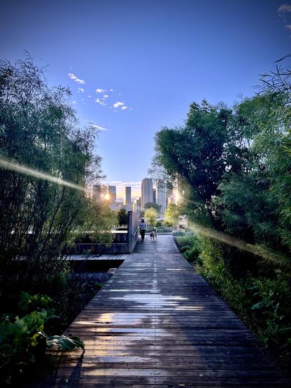Wood passerelle in a park in Griffintown Montreal 