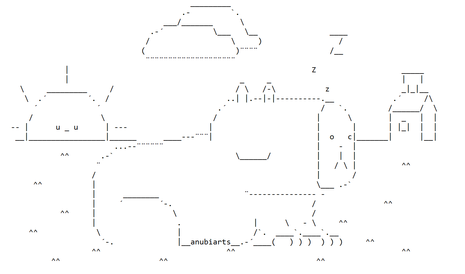 an ASCII Art featuring a Capybara, sleeping in the middle of the piece at what seems like a field of grass, with the sun at the left side also sleeping, and a tiny house at the right, with one cloud at the top. There's some "Z" letters coming out of the capybara, further showing that it's sleeping time.