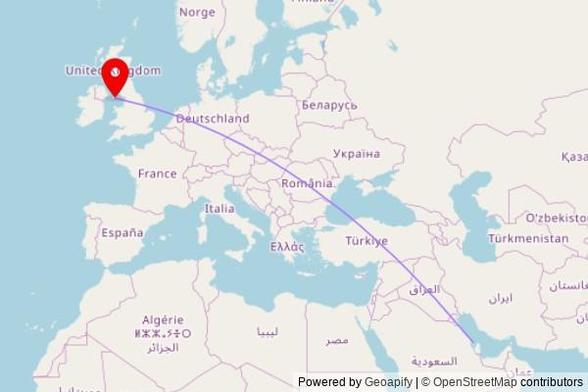 A map showing the great circle route from Manama in Bahrain to a map pin at Saint George's Walk, Douglas, Isle of Man