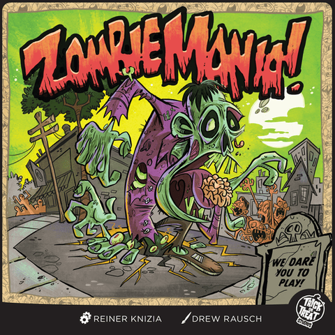 Picture of the Zombie Mania box featuring an exaggerated grotesque cartoon zombie wearing a purple shirt and black pants walking with with exaggerated limb placements through a dilapidated cartoon city.