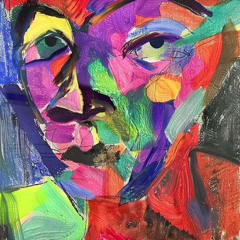 This abstract portrait captures the face of a baseball player using bold, vibrant colors and expressive brushstrokes. The composition is a kaleidoscope of hues, including purples, greens, pinks, and reds, which blend and contrast to create depth and emotion. The player's features are outlined with dynamic, textured lines, giving a sense of movement and intensity. The eyes, in particular, stand out, conveying a focused and determined expression. The layered colors and varied textures add a sense of complexity and energy, reflecting the passion and dynamism of the sport.