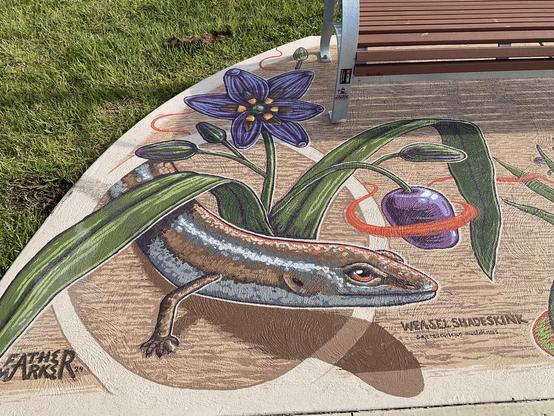 Local wildlife and plants Mural painted on concrete beneath seat 
By Father Marker 