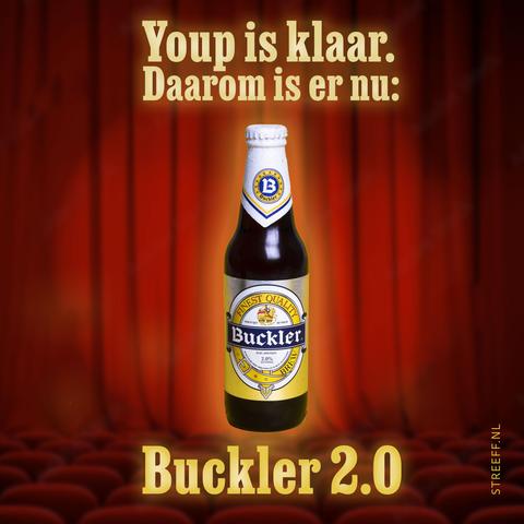 Foto van Bucklerfles en tekst "Youp is klaar. Daarom is er nu Buckler 2.0"