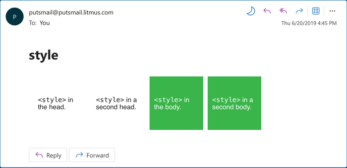Capture d'écran d'un email dans Outlook.com montrant deux blocs de tests en vert pour des styles dans le body, mais sans couleur pour des styles dans le head.