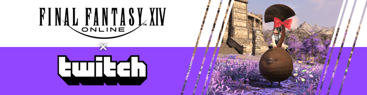 FFXIV x Twitch campaign banner showing a lalafell on a chocorpokkur mount