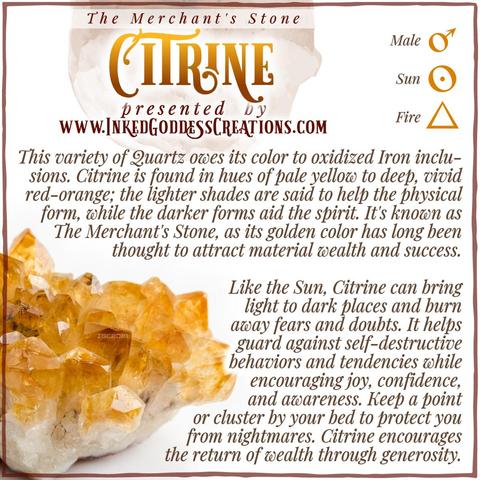 A raw cluster of citrine points sits against a white background. The text explains citrine's metaphysical correspondences, some trivia about it, and ways to use it in your magickal practice. Presented by Inked Goddess Creations.