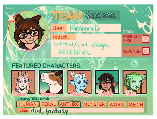 teal colored artfight team seafoam card showing the user's screenname, information on who they "attack" and featured characters; the characters, from left to right are: Ferdor, a pale pink tiefling, Noona, a brown-spotted centaur, Theorbo, a light blue goblin, Trude, a tan brunette halfling, and Bliss, a green tiefling