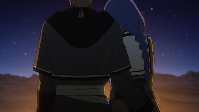 Roxy and Rudeus sitting by the campfire from the anime series Mushoku Tensei: Jobless Reincarnation Season 2 Part 2 Episode 23.