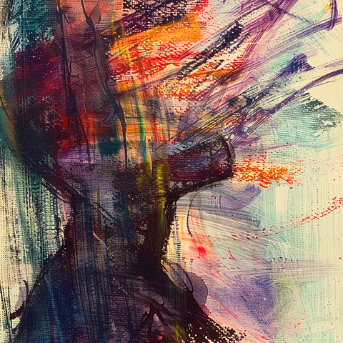 This abstract painting features a baseball player, rendered with a mix of vibrant colors and expressive brushstrokes. The figure is outlined in deep, shadowy tones, while the background explodes with splashes of red, orange, purple, and blue, creating a dynamic and energetic atmosphere. The use of layered textures and varied strokes gives a sense of movement and intensity, capturing the action and emotion of the moment. The player's form is partially obscured by the swirling colors, suggesting speed and the transient nature of a fleeting moment in the game.