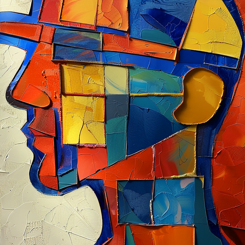 This abstract painting depicts a baseball player, composed of bold, colorful geometric shapes. The player's profile is outlined in dynamic blocks of red, blue, yellow, and orange. The thick, textured brushstrokes give the canvas a vivid, three-dimensional appearance, resembling a cubist style. The baseball cap on the player is clearly discernible, adding to the sporty theme.
