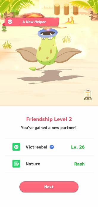 Screencap of the pokemon sleep game showing the pitcher plant pokemon, Victreebel.
