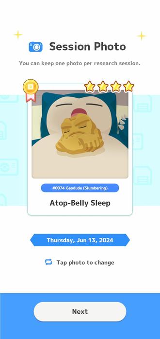 Screencap of the pokemon sleep game showing the rock pokemon Geodude sleeping on top of the pokemon Snorlax