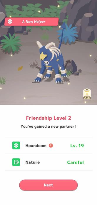 Screencap of the pokemon sleep game showing a dog pokemon called Houndoom