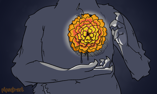 Image ID: A close up shot of an anthro rabbit from the neck to the hips. They are chubby in build and have a scar running down their right hip. There is a large marigold flower in her chest where her heart would be, a little bit of blood is dripping down from the hole. Their right hand is held palm up under the flower and their left is held to the side, both hands framing the flower. The entire piece is in a grey monochrome except for the flower which is a vibrant orange and yellow. The marigold appears to be glowing, casting light on the chest and hands. End ID.