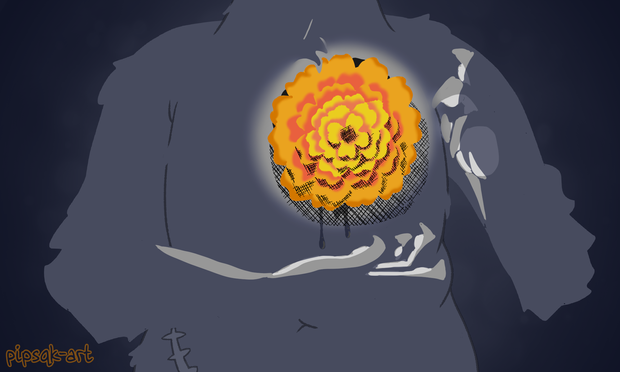 Image ID: It is the same piece as described previously but now mostly lineless. The only lines that remain frame the torso and the scar. End ID.