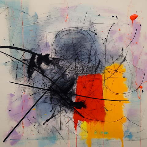 This abstract painting captures the essence of a baseball player through a mix of sharp, energetic lines and vibrant blocks of color. The player's figure is suggested by a dynamic interplay of black lines and shadowy shapes, creating a sense of motion and intensity. The background features a blend of light, pastel hues with bold splashes of red and yellow, adding contrast and depth to the composition. The use of varied textures and spontaneous brushstrokes conveys a sense of action and excitement, evoking the fast-paced nature of the game. The overall effect is one of dynamic energy and abstract representation of the sport.