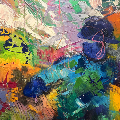 This abstract painting features a vibrant and chaotic mix of colors and textures. Amidst the swirls and splatters of green, yellow, blue, and purple, a baseball player can be discerned. The figure is shown mid-action, with a blue cap and uniform, surrounded by dynamic brushstrokes that evoke the movement and energy of the game. The thick application of paint and overlapping layers create a textured, almost three-dimensional effect on the canvas.