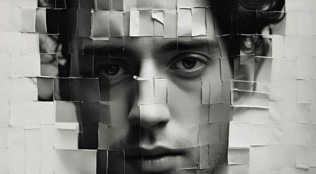 Photo en patchwork noir et blanc du visage d'un homme. Image de Gil Gershoni.