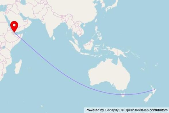 A map showing the great circle route from Whakatāne in New Zealand to a map pin at مسجد عصب المركزي, P-6, Assab, Eritrea