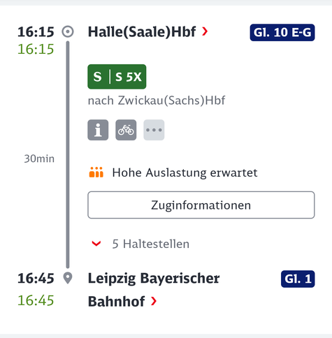 Screenshot DB Navigator. Verbindungsauskunft. Verbindung zwischen Halle Hbf. - Leipzig Bayerischer Bahnhof: "Hohe Auslastung erwartet"